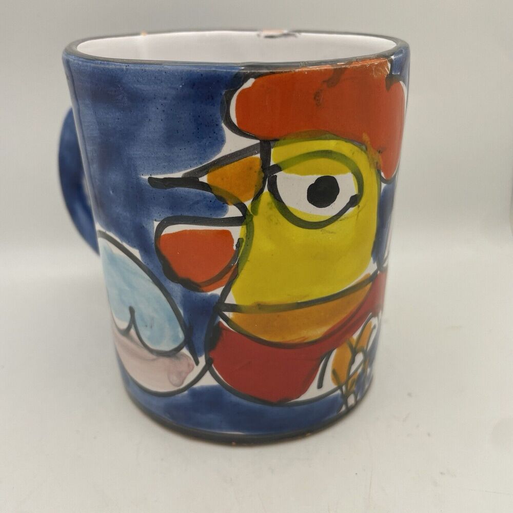 Hand Painted La Musa Pottery Mug Chicken Rooster Blue Red Hand Made Italy 12 Oz